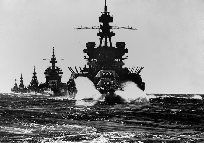USS Pennsylvania leading other naval ships during WWII.